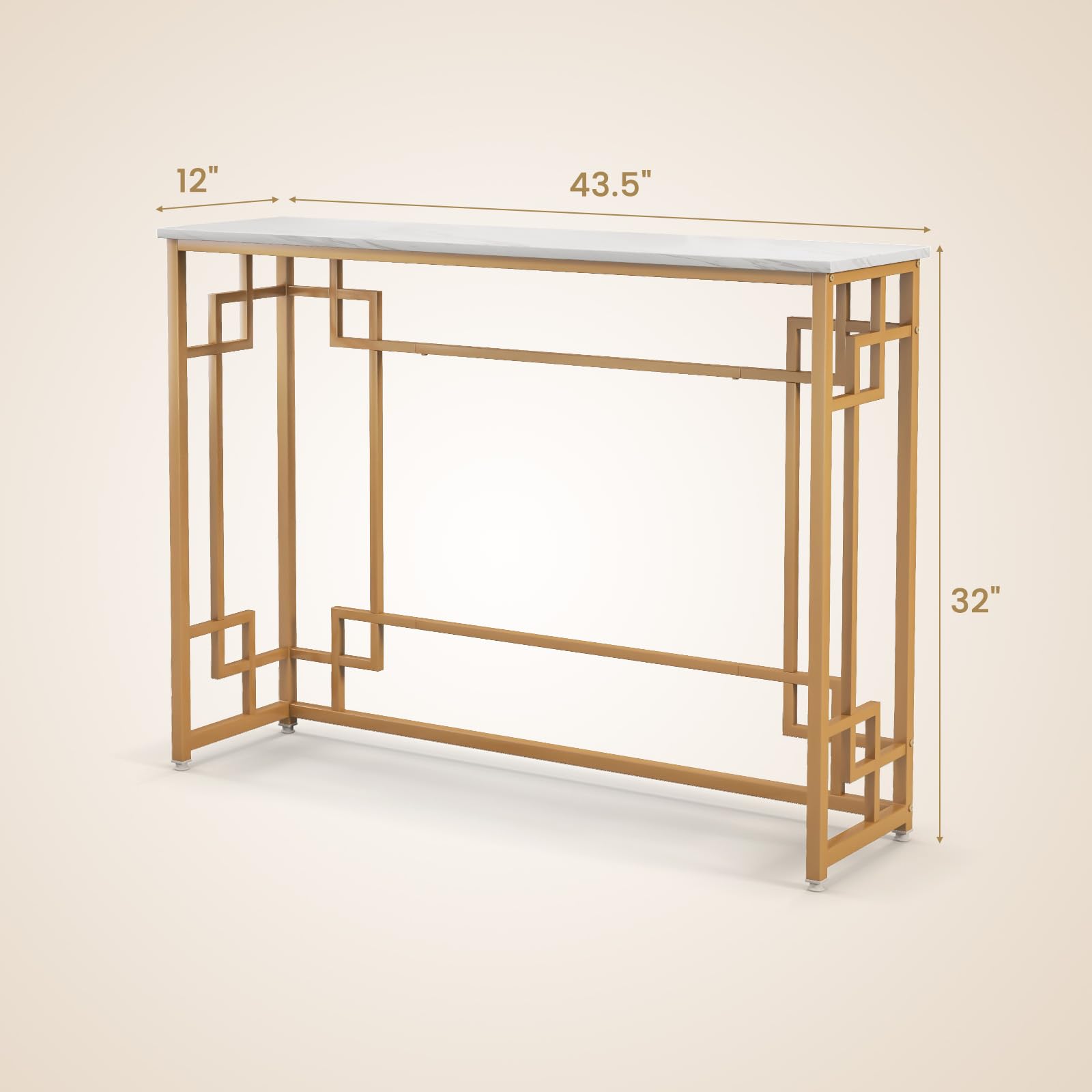 43.5" Modern Console Table, Narrow Entryway Table with Geometric Golden Frame & White Faux Marble Tabletop,