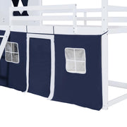 Twin Bunk Wood House Bed with Elegant Windows, Sills and Tent, Blue+White