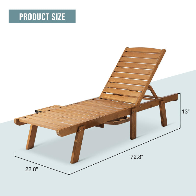 Wooden Chaise Lounge Set of 2, 2 PCS Patio Chaise Lounge Chairs with Cup Holder & Tray
