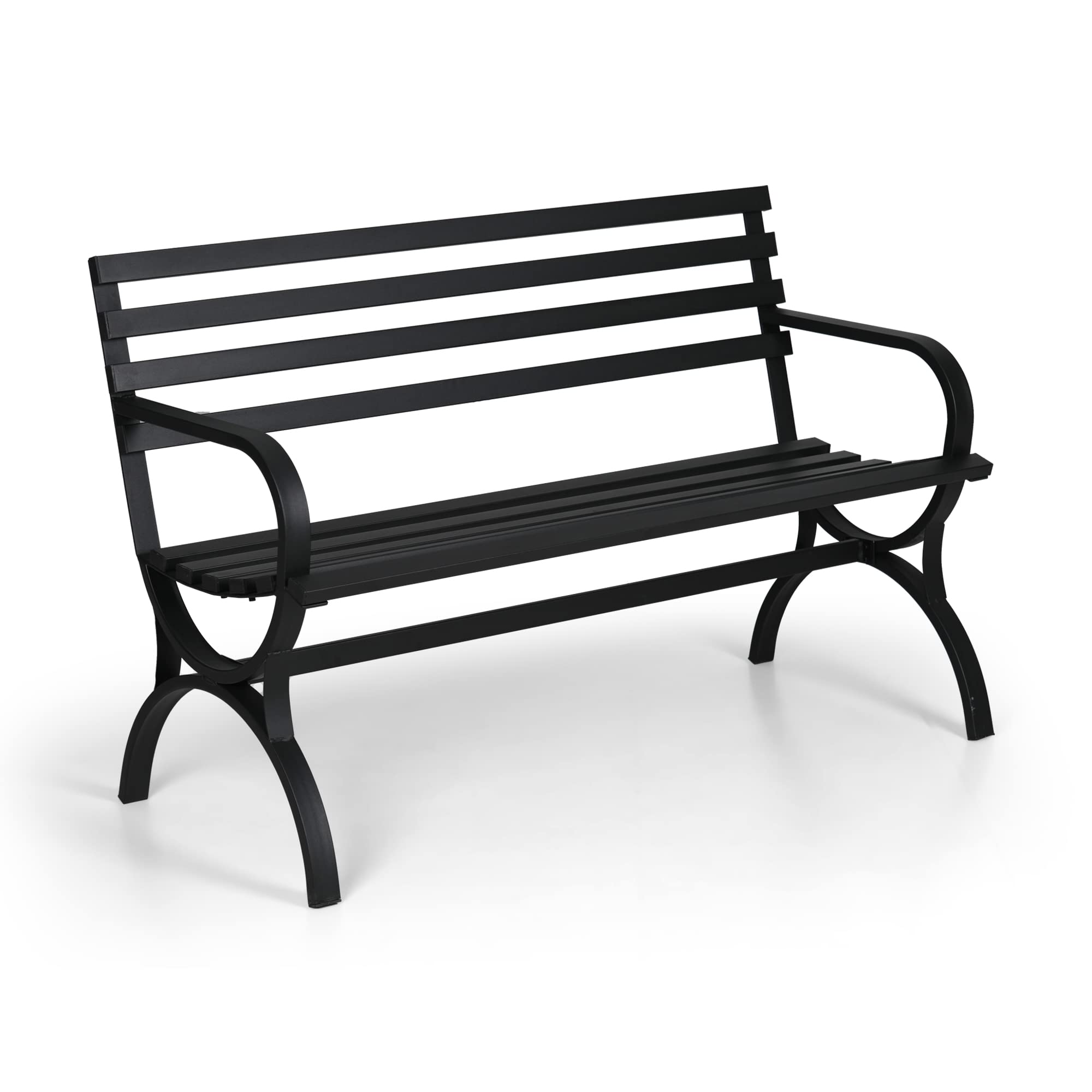Outdoor Garden Bench, 48” Long Metal Steel Bench with Backrest and Armrests