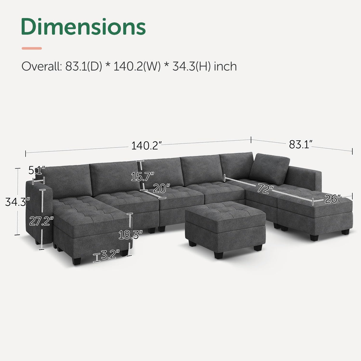 HONBAY U Shaped Modular Sectional Sofa with Storage Ottoman Sectional Couches for Living Room Dark Grey