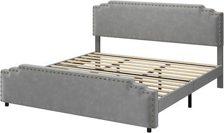 Queen Size Bed Frame, Velvet Upholstered Platform Bed Frame and Headboard with Rivet Decor,