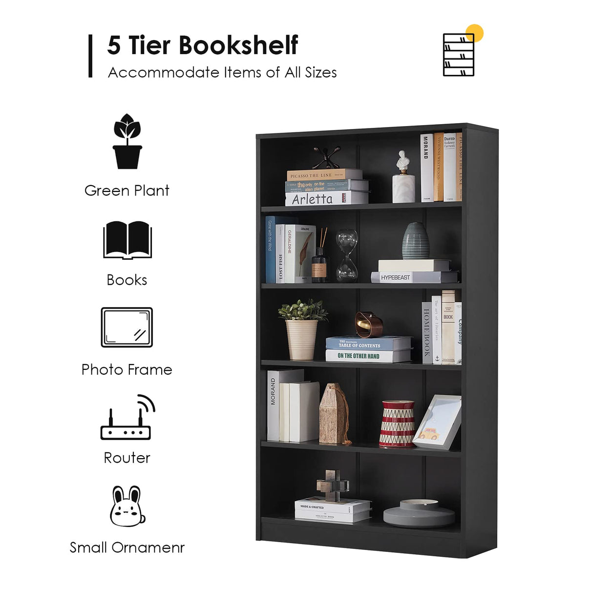 Farini Black Bookshelf for Bedroom 5 Shelf Office Bookcase 60 Inches Tall Modern Wood Bookshelf for Living Room 5 Tier Wide Manga Bookshelf Library Bookcase