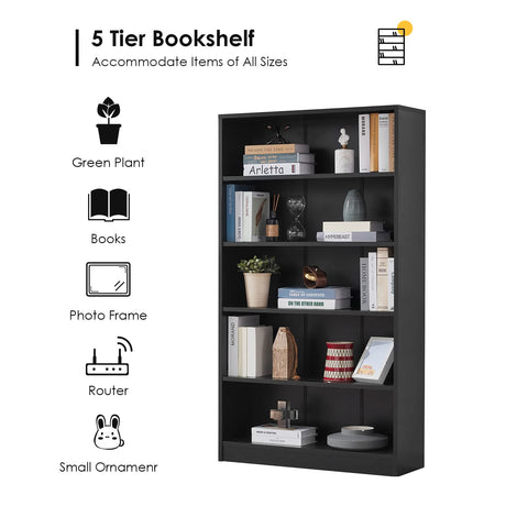 Farini Black Bookshelf for Bedroom 5 Shelf Office Bookcase 60 Inches Tall Modern Wood Bookshelf for Living Room 5 Tier Wide Manga Bookshelf Library Bookcase