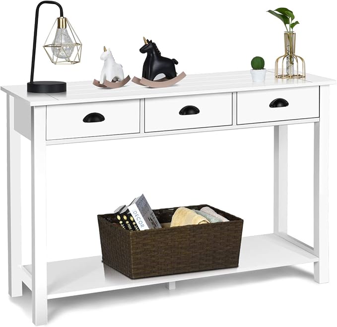 Console Table with Storage - Gold Sofa Table with Storage Basket, Sturdy Metal Frame,