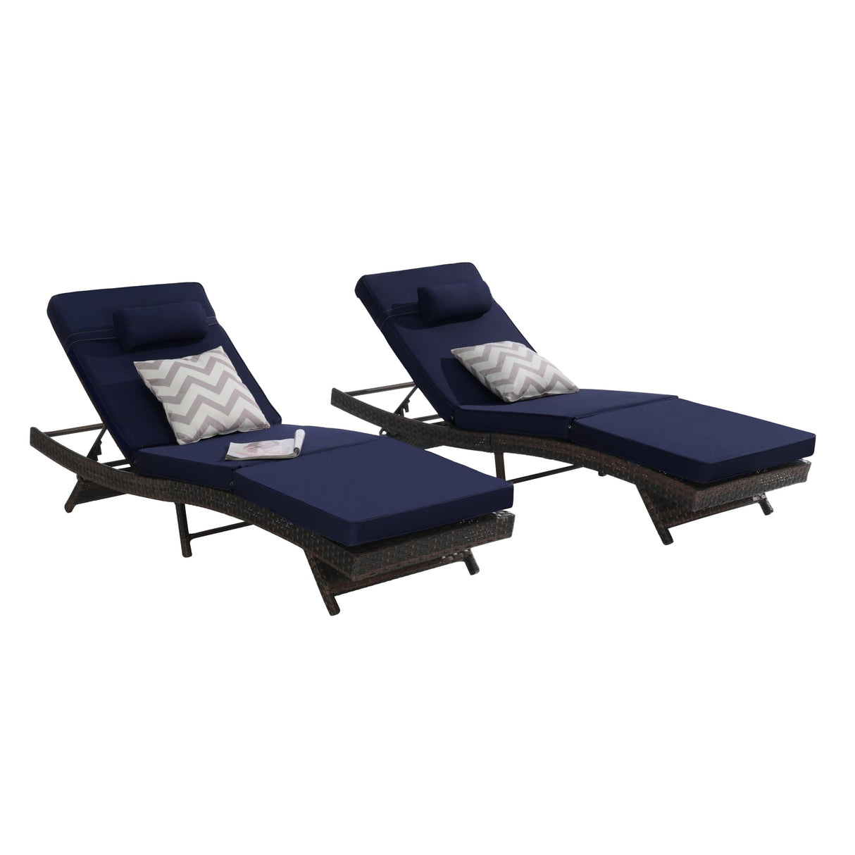 KEIKI Outdoor Long Reclining Chair Set of 2, PE Wicker Chaise Lounge Chairs with 5-Level Adjustable Backrest, Sunbathing Chairs Recliner up to 150° for Poolside, Garden, Beach, Deck, Dark Blue
