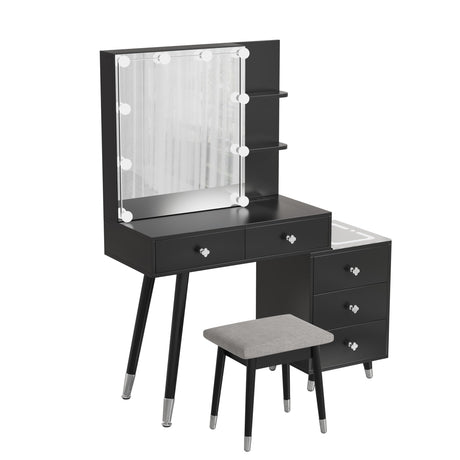 Black Vanity Desk with Mirror and 10 LED Lights, Makeup Vanity Set with 5 Drawers and 2