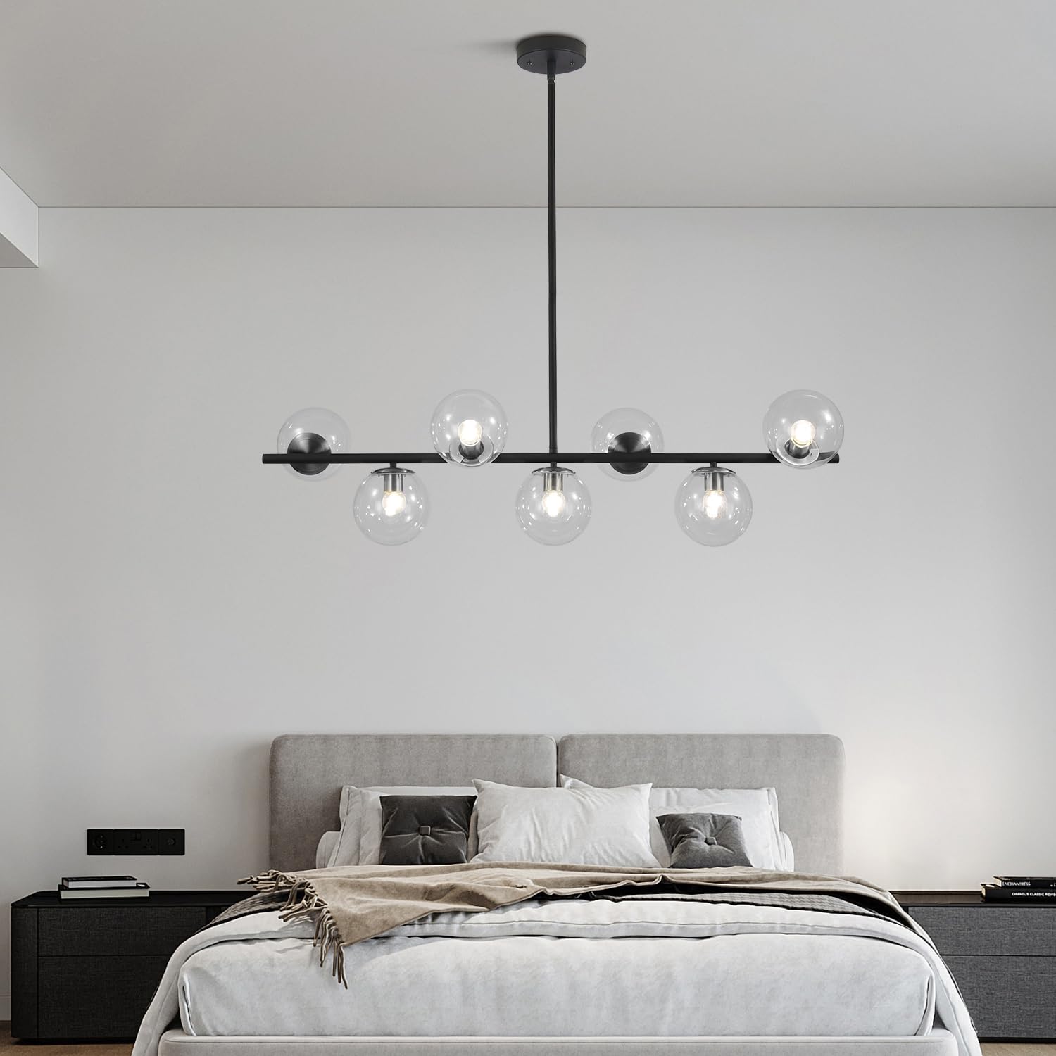 7-Light Clear Glass Globe Chandelier Black Linear Sputnik