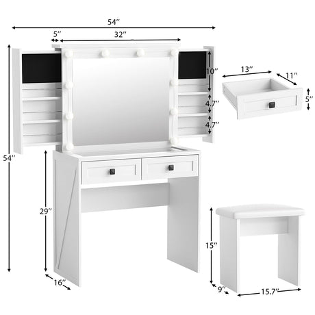 SMOOL Farmhouse Vanity with Lighted Mirror, Vanity Desk with Power Outlet & Power Outlet, 3 Color Lighting Modes Adjustable Brightness, Vanity Table for Women Girls, White