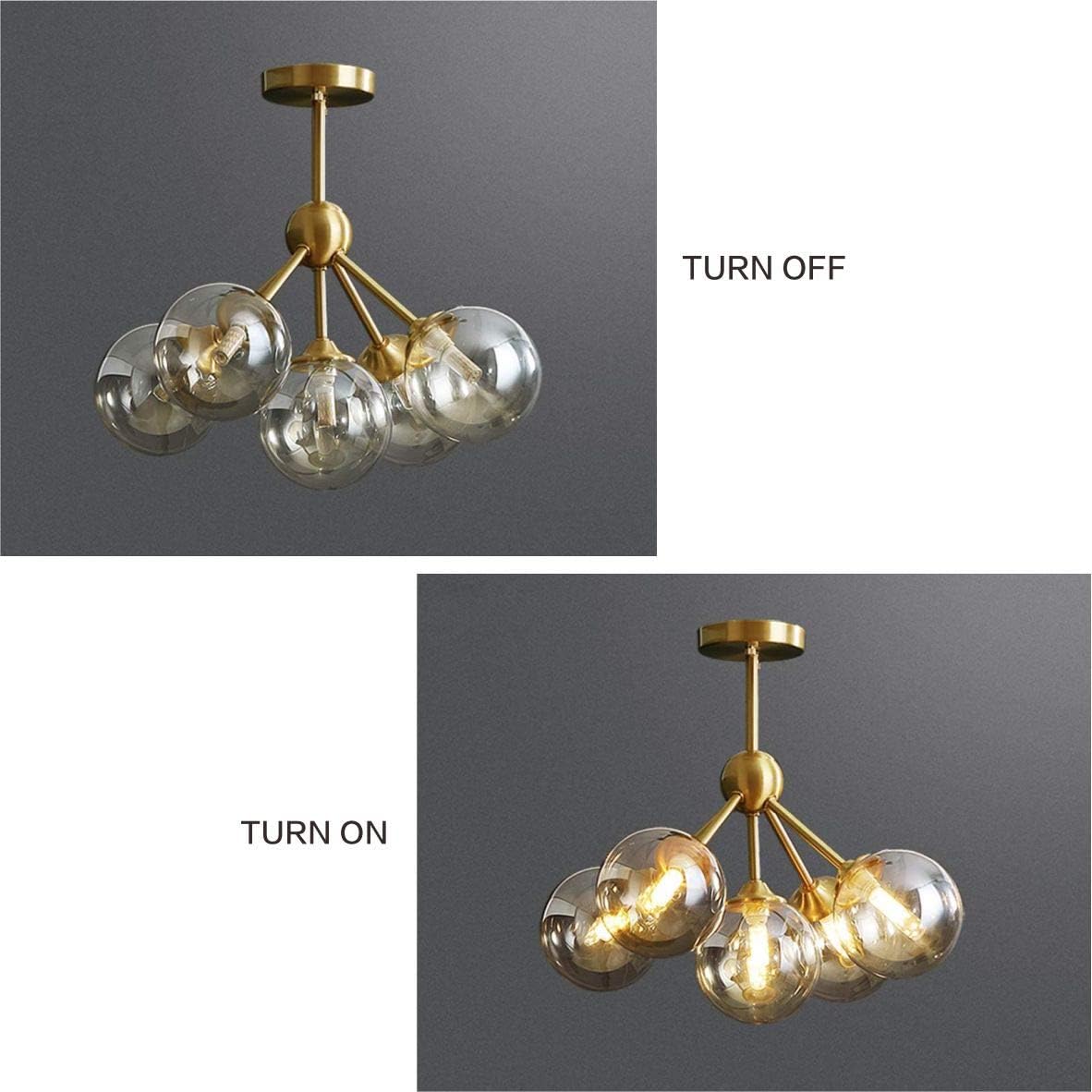 Lighting 5-Light Amber Glass Globe Chandelier Brush Gold Semi Flush Mount Ceiling Light