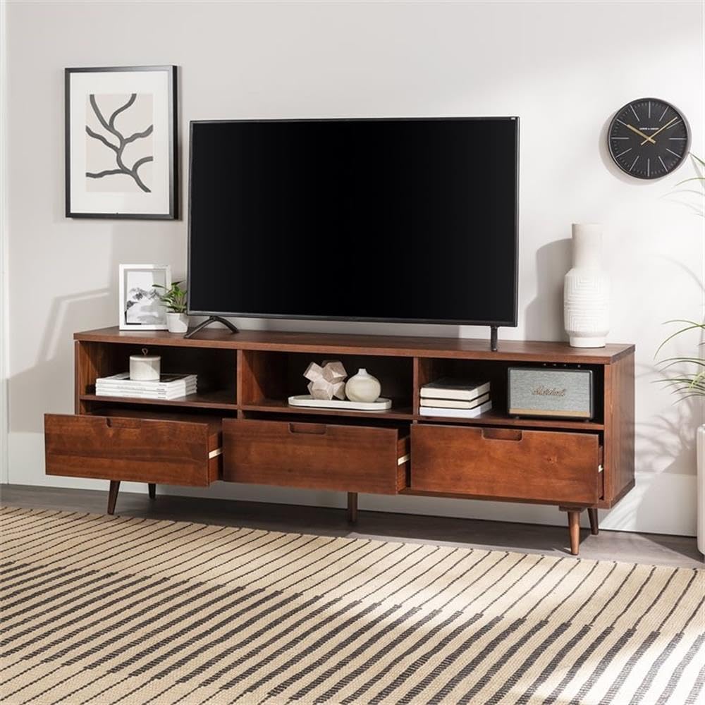 Walker Edison Millie Mid Century Modern 3 Drawer Solid Wood Low Stand for TVs up to 80 Inches, 70 Inch, Walnut