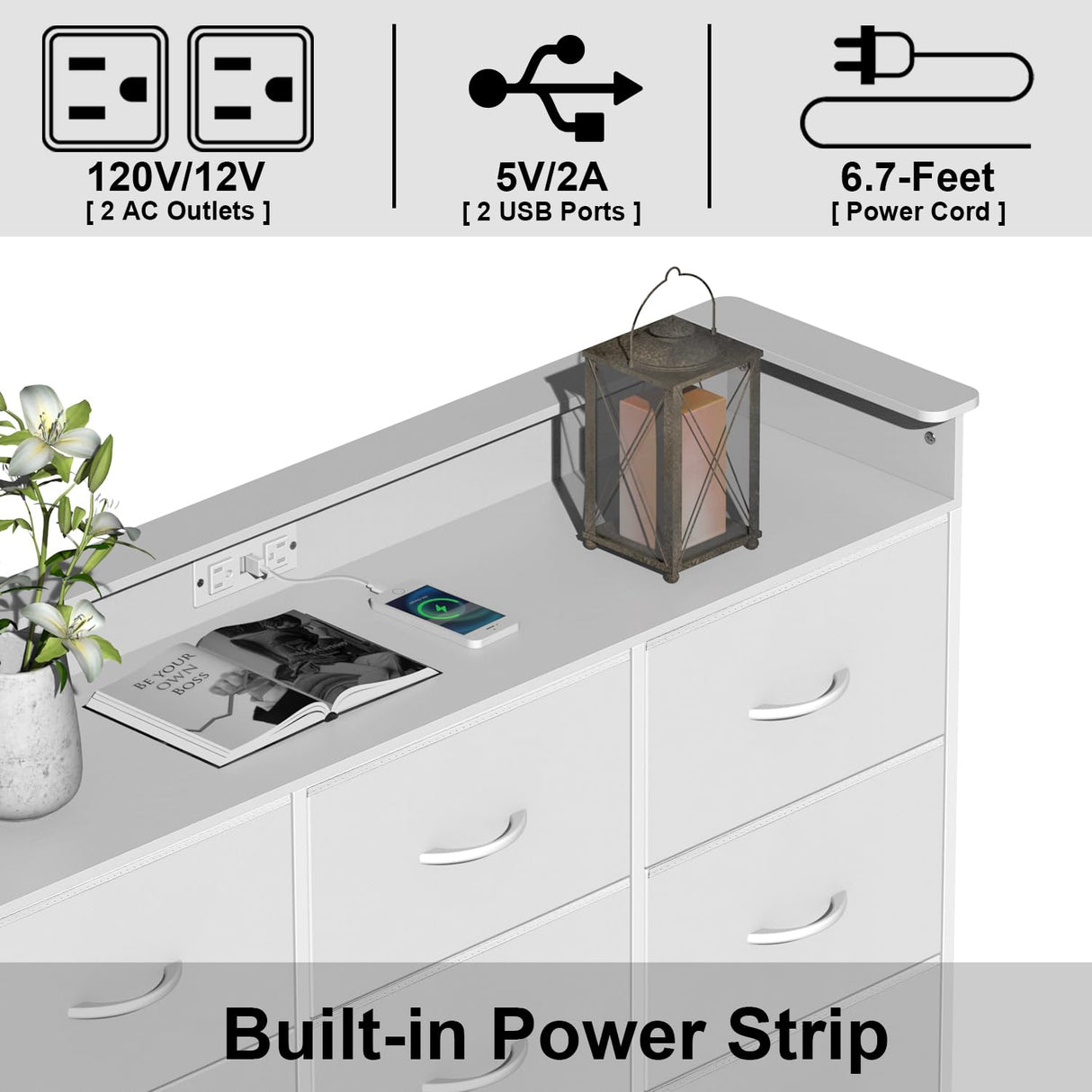 White Dresser with LED Light for Bedroom 9 Drawer Dressers with Charging Station