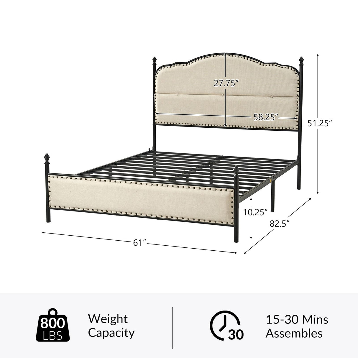 Queen Bed Frame with Headboard, Farmhouse Metal Platform Bed Linen Upholstered Bed Frame with Strong Wood Slats Support,