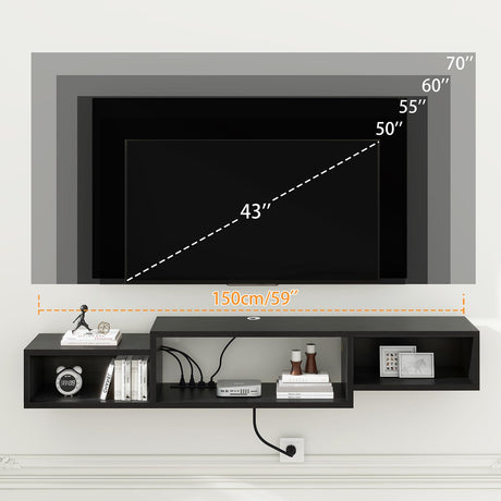 59" Floating TV Stand Wall Mounted with Power Outlet,Wood Wall Mounted Media