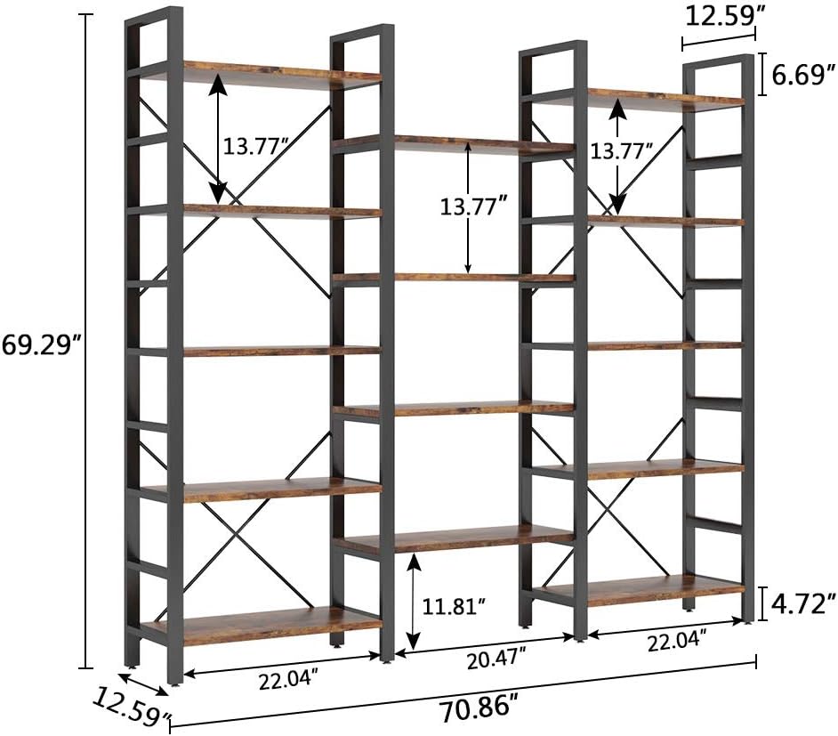 Triple Wide 5-Shelf Bookcase, Etagere Large Open Bookshelf Vintage Industrial Style Shelves Wood and Metal bookcases Furniture for Home & Office, 70 inch