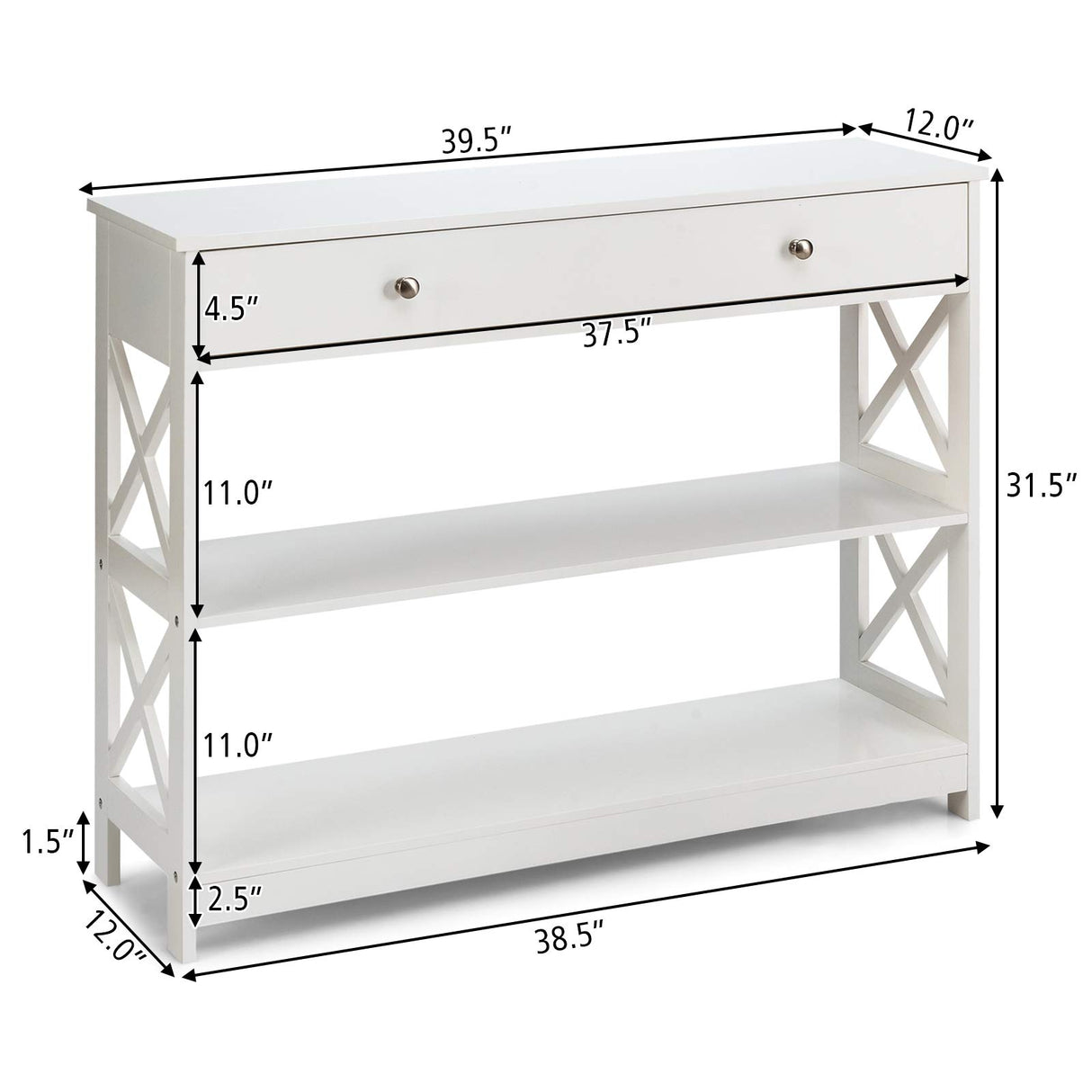 3-Tier Console Table with Drawers, Compact Sofa Table with 2 Shelves and Spacious Desktop,