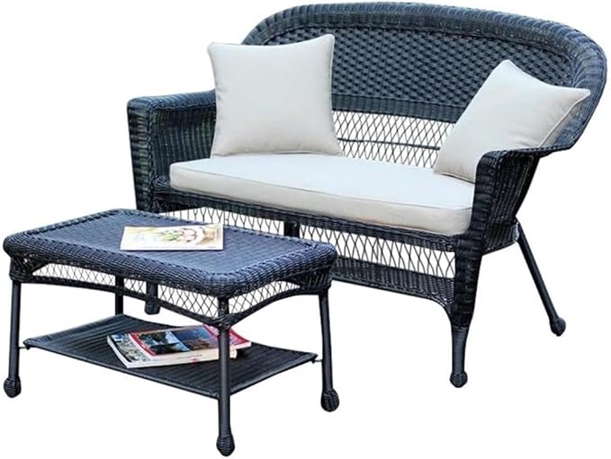 Wicker Patio Love Seat and Coffee Table Set with Tan Cushion, Espresso