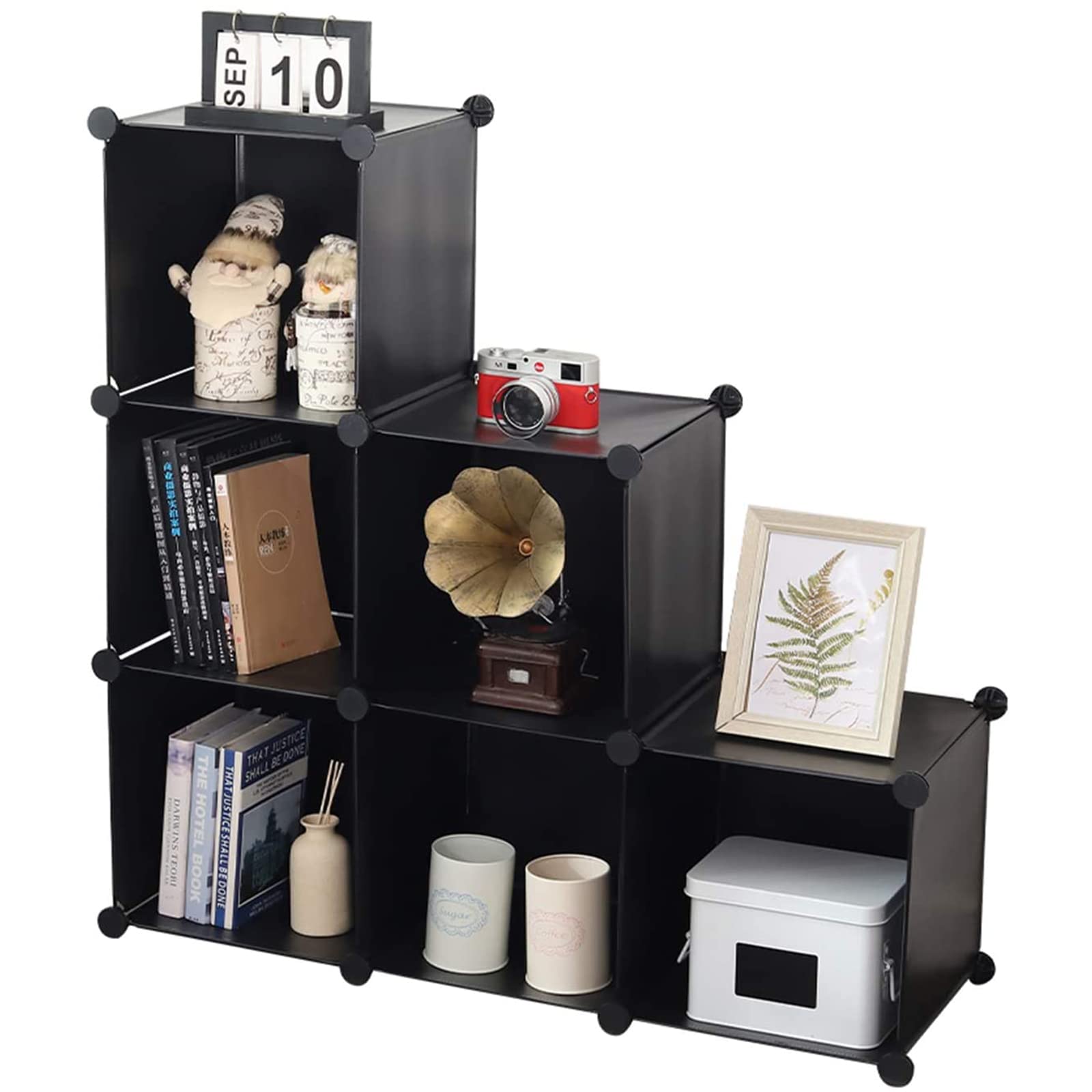 Cube Storage Organizer 6-Cube Closet Storage Shelves with Wooden Mallet,Closet Cabinet Bookshelf,Plastic Square Cube Storage for Home,Office, Kids Room,Black