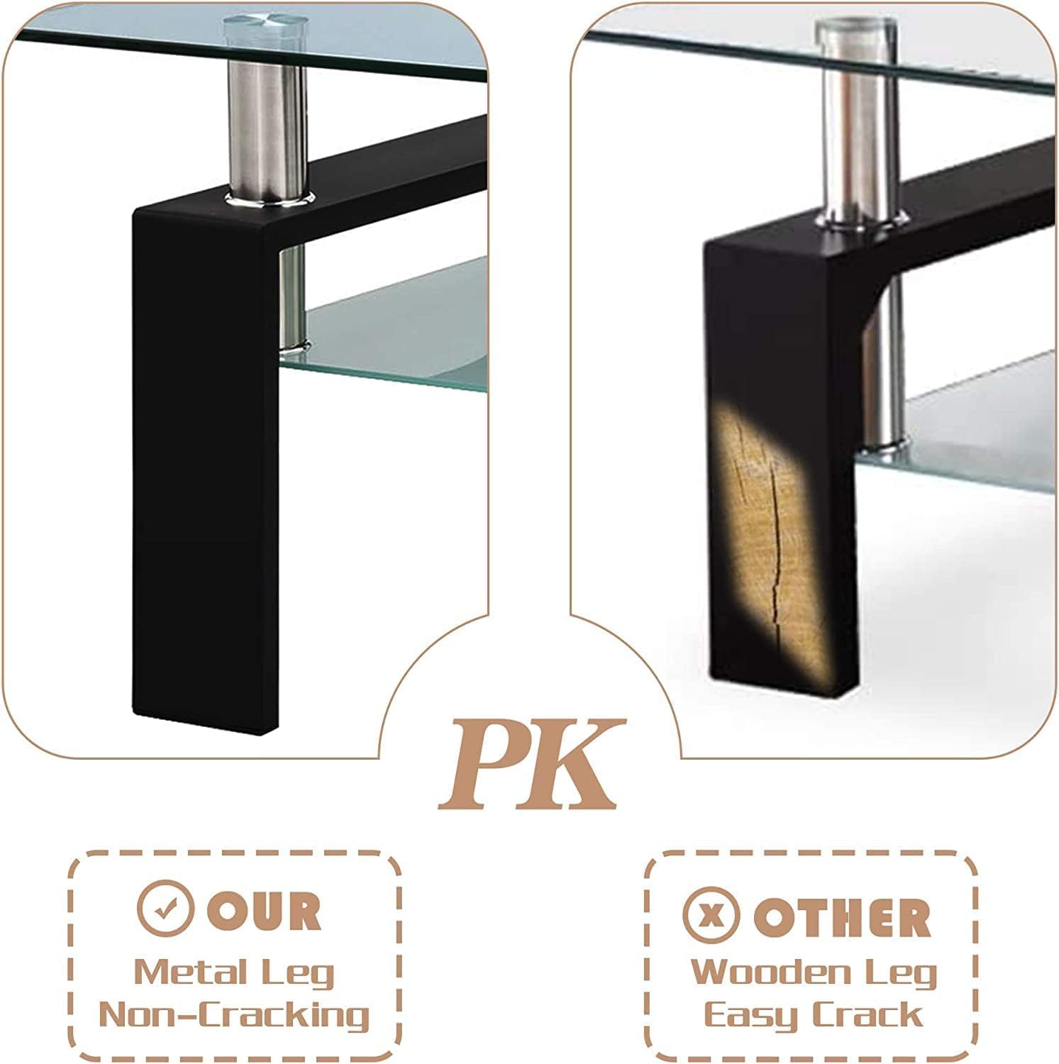 Glass Coffee Table, Rectangular Coffee Table with Metal Legs &Storage Shelf