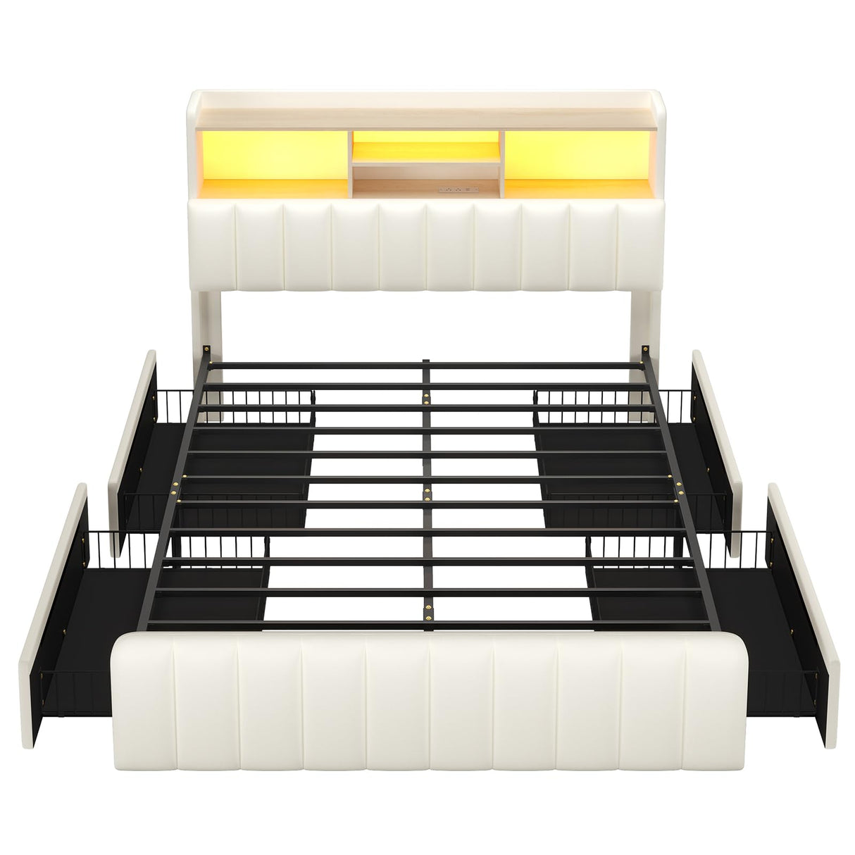 Full Size Bed Frame with Bookcase Headboard and Storage Drawers