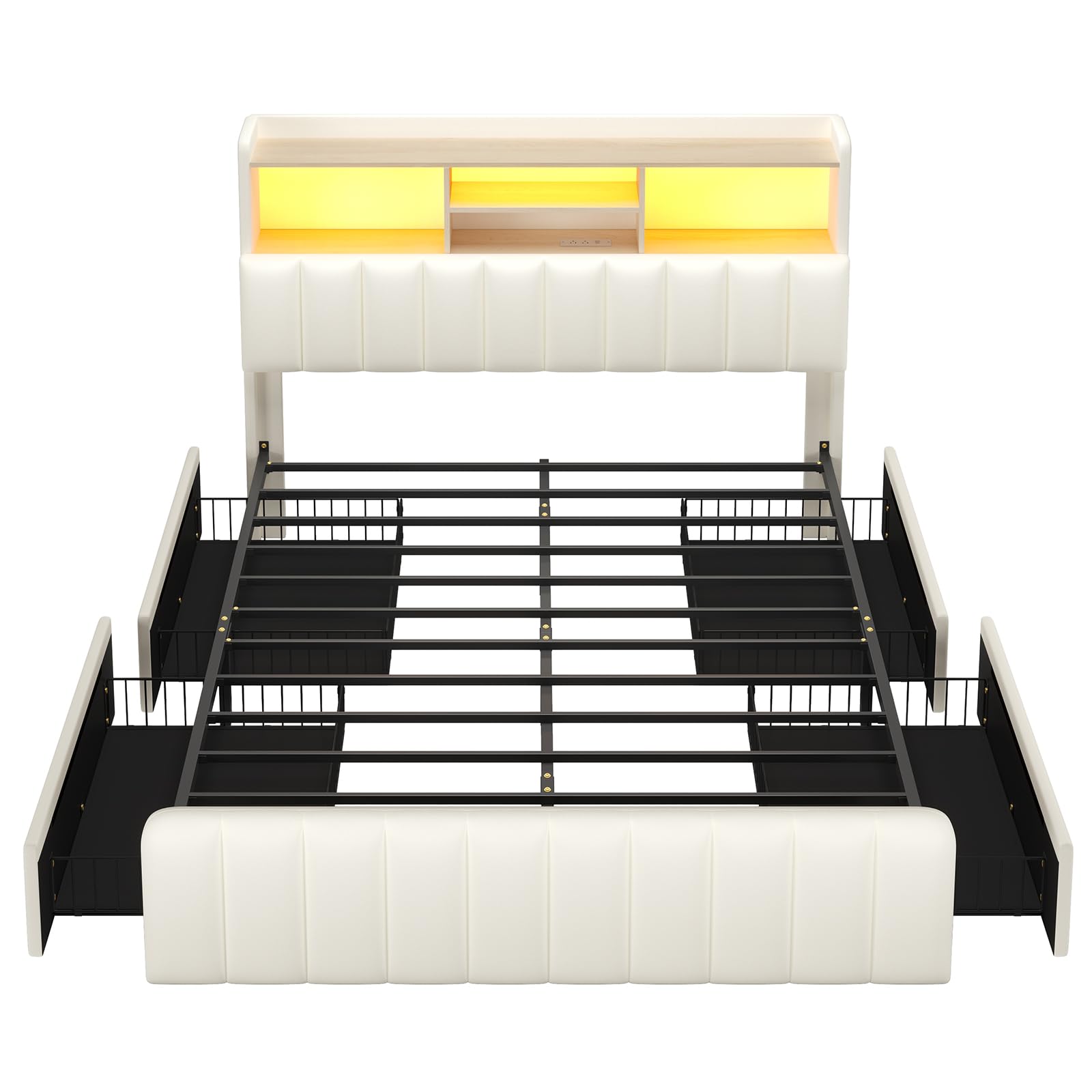 Full Size Bed Frame with Bookcase Headboard and Storage Drawers