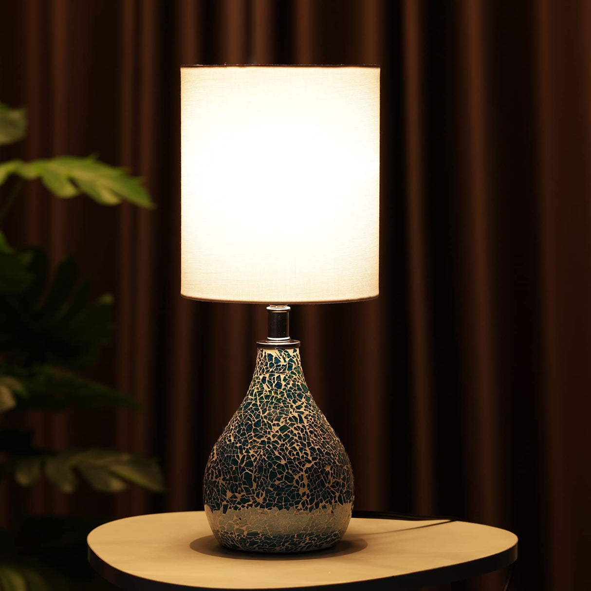 Modern Table Lamps Set of 2, Blue Gourd Design Mosaic Tiled Glass 17.5" Bedside Lamp,