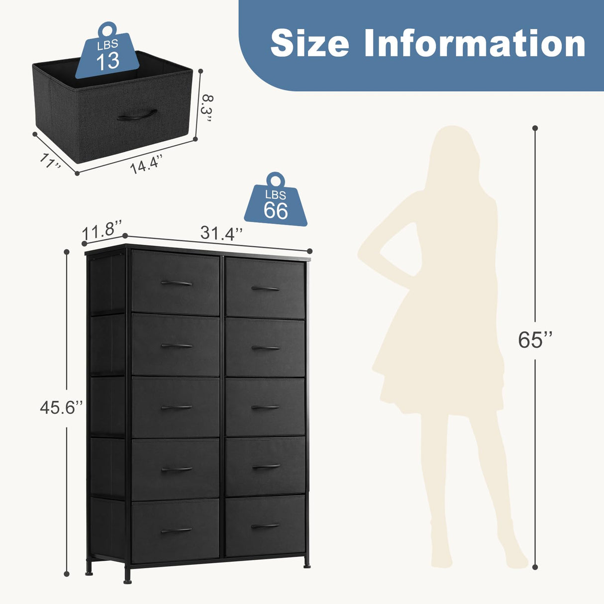 Dresser for Bedroom, Storage Drawers, Fabric Storage Tower with 10 Drawers