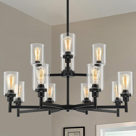 Farmhouse Chandelier with Cylinder Clear Glass 6 Light Vintage Black Bedroom Kitchen