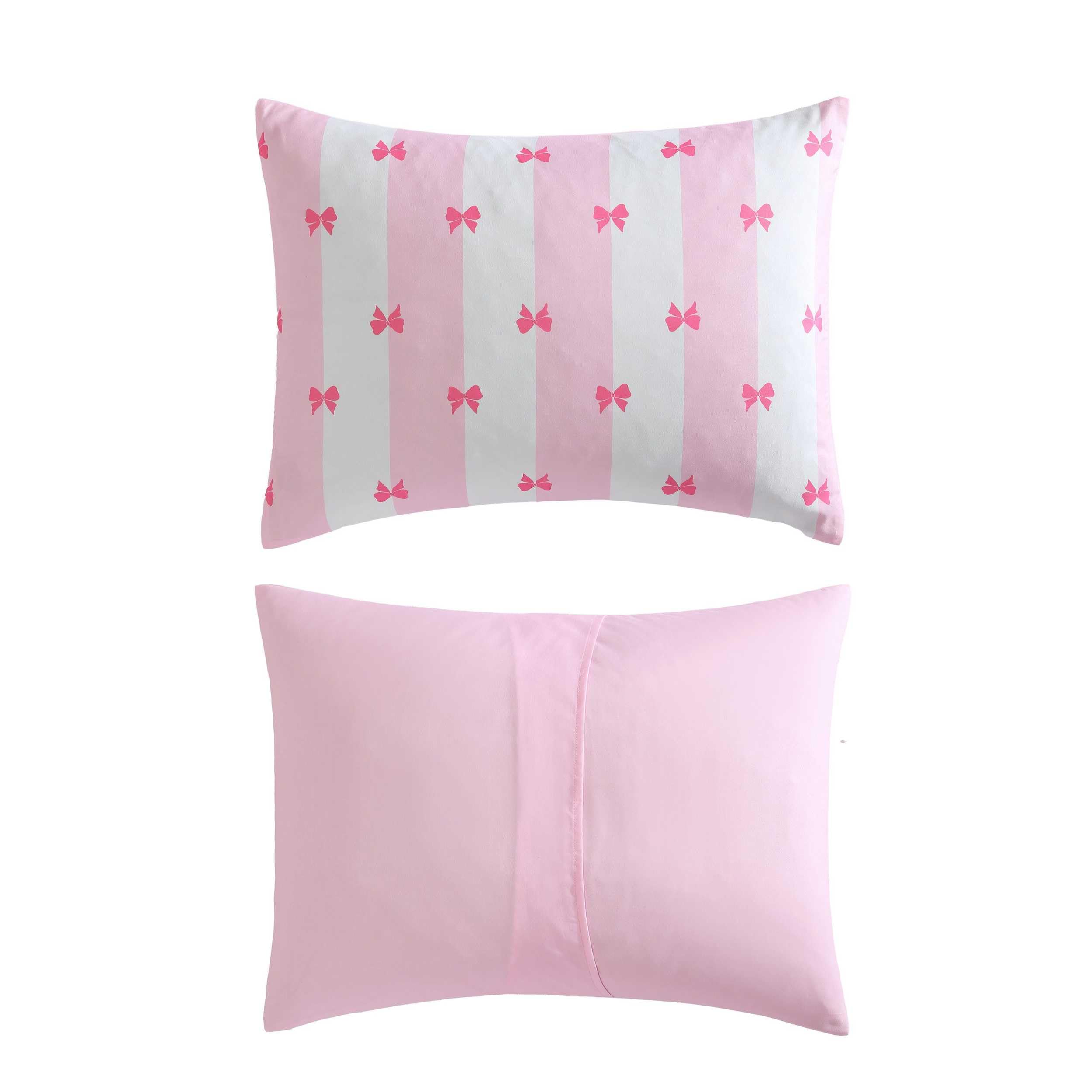 Twin Comforter Set with Matching Sham & Reversible Plush Throw - Bow Stripe Pink