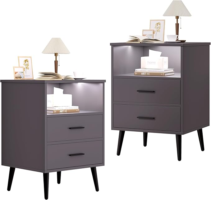 Mid Century LED Nightstand, 3 Colors Dimmable Light, Bedroom Wood Night Stand with Charging Station