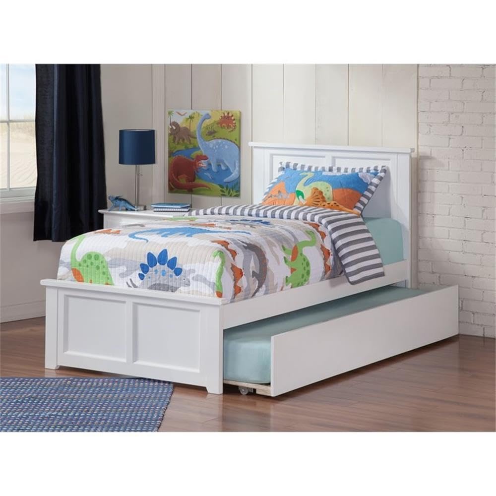 Pemberly Row Twin Solid Wood Bed with Twin Trundle with USB Charger in White