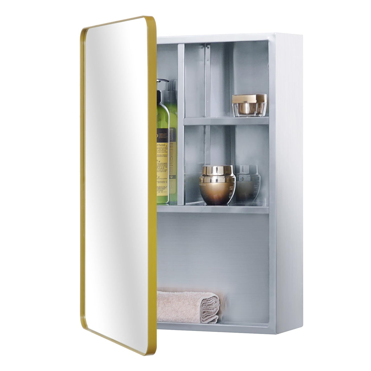 Stainless Steel Medicine Mirror Cabinet for Bathroom with Golden Framed Door