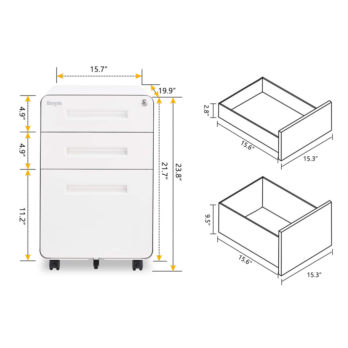 23.8" H 3 Drawer Rolling File Cabinet with Lock, Mobile File Cabinet Under Desk