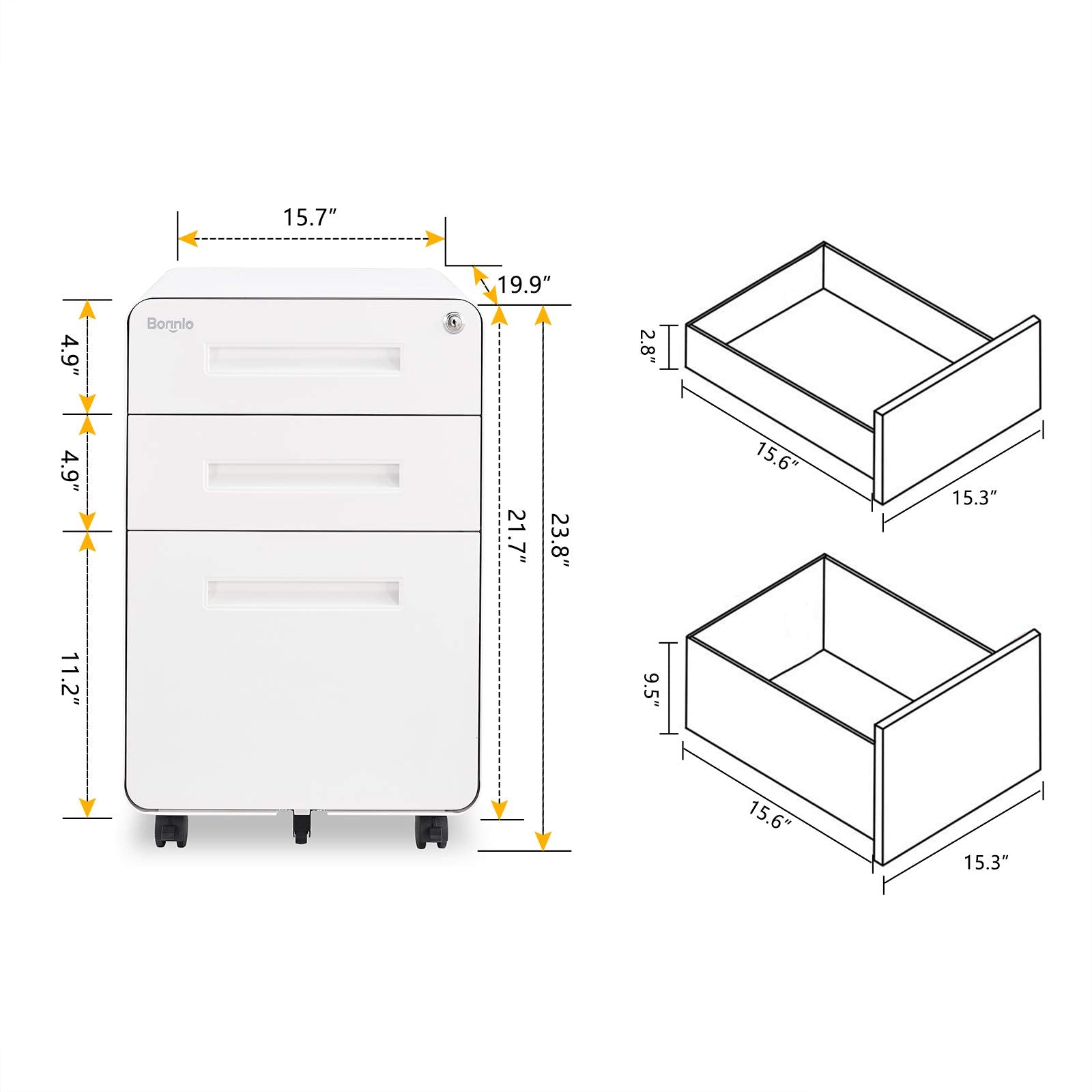 23.8" H 3 Drawer Rolling File Cabinet with Lock, Mobile File Cabinet Under Desk