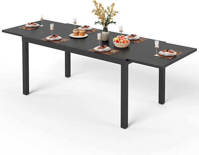 Outdoor Metal Expandable Dining Table, Wood-Like Wrought Iron Extendable