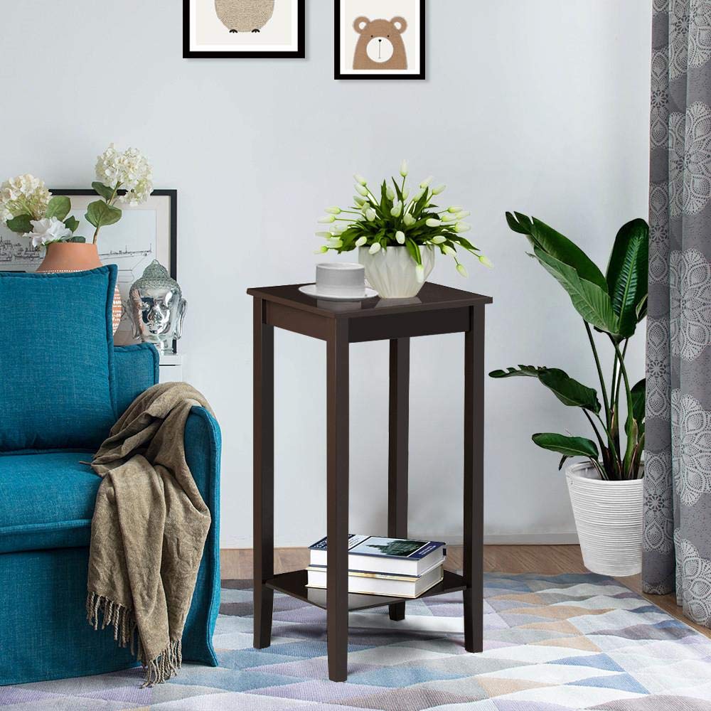 2-Tier Tall End Table with Storage Shelf and Solid Wood Legs