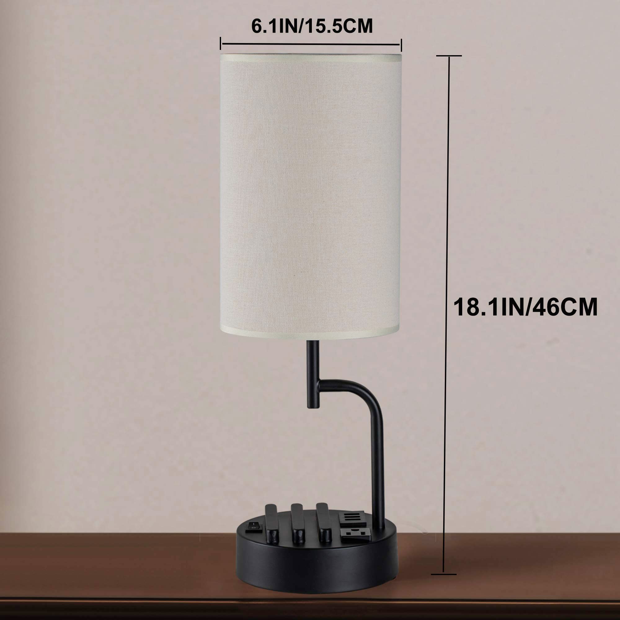 Table Lamp with 3 USB Charging Ports, Modern Desk Lamp with AC Outlet and Phone