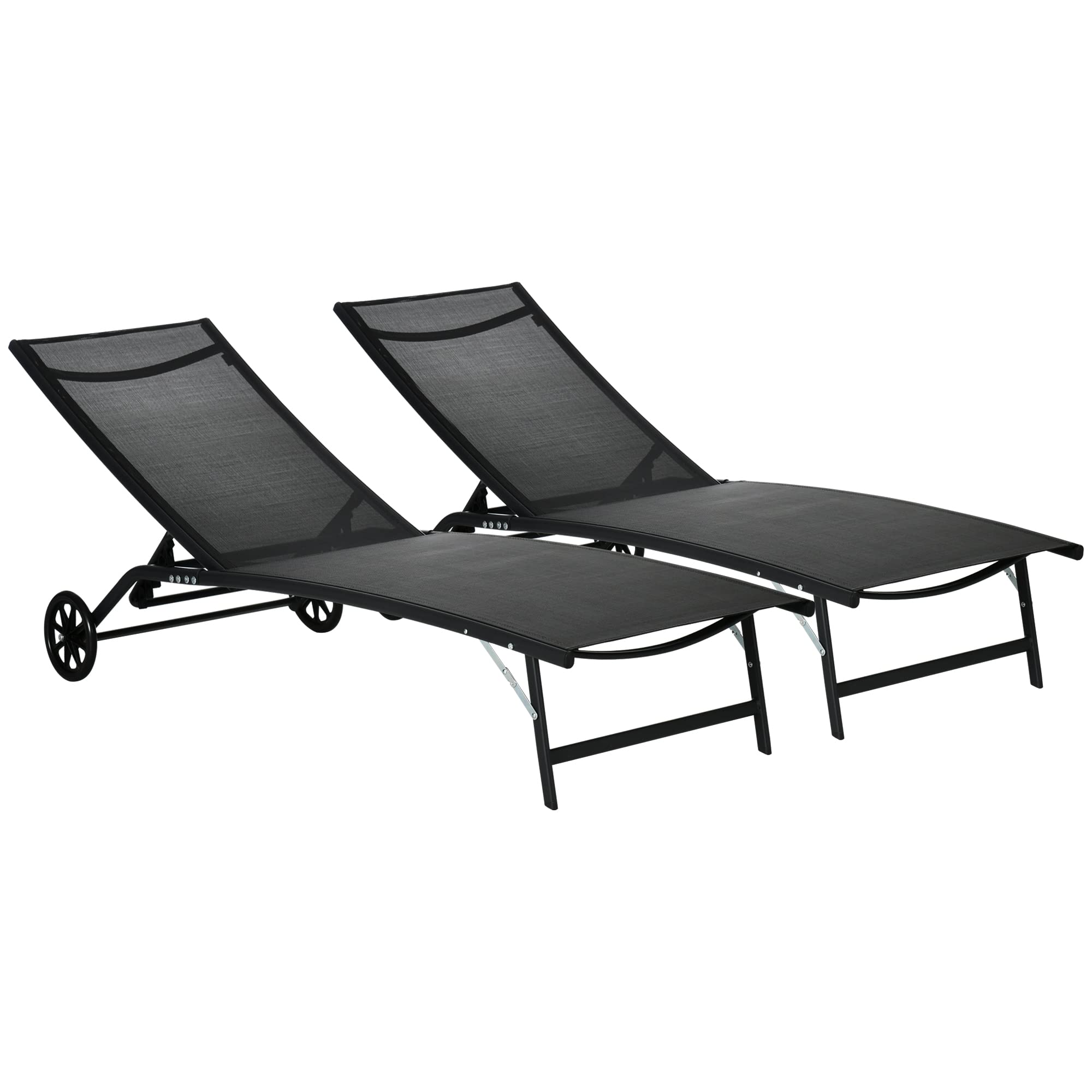 Outdoor, 2 Piece Lounge Chair with Wheels, Tanning Chair with 5 Adjustable Positions