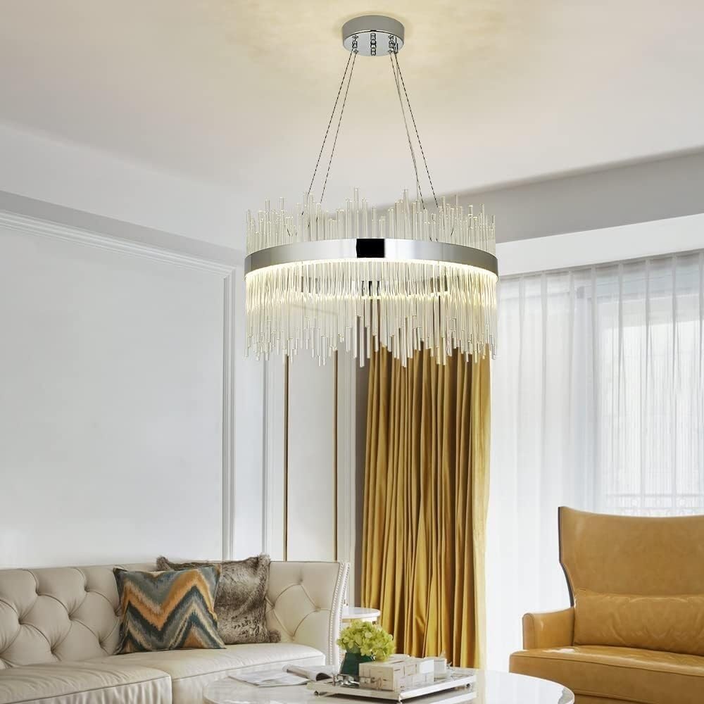 Modern Crystal Chandelier 3-Color Changable LED Chrome Chandelier Round Hanging