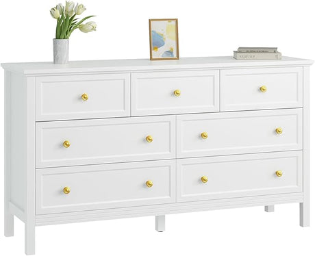 White Dresser for Bedroom, 9 Drawer Dresser with Wide Drawers and Gold Metal Handles