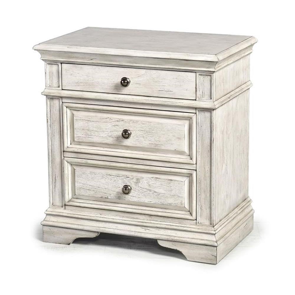 Highland Park Nightstand, Driftwood Finish, Nickle Hardware, 2 USB Charging Ports, 2 Full Size Drawers & 1 Half Size Drawer, Bedroom, 28" L x 17" D x 29.5" H, White