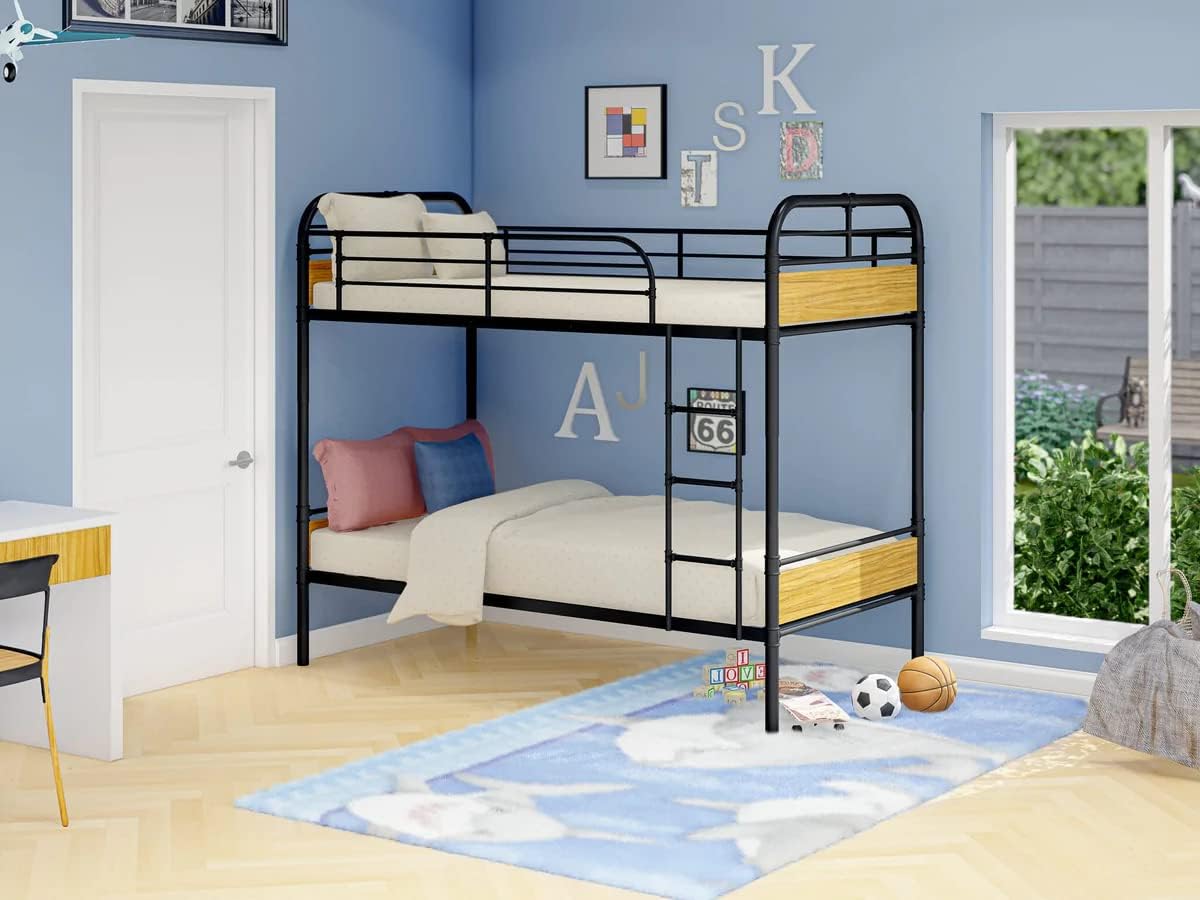 HYT0B01-1 Hedley Bunk Bed Frame with 4 Metal Legs - Magnificent Twin Bed in PowderBlack Color and Brown