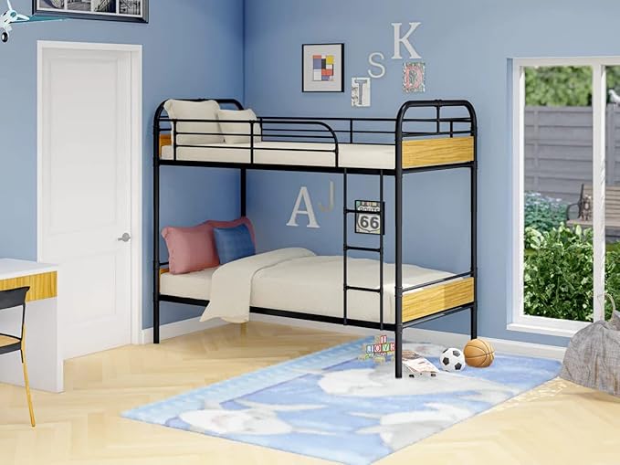 HYT0B01-1 Hedley Bunk Bed Frame with 4 Metal Legs - Magnificent Twin Bed in PowderBlack Color and Brown