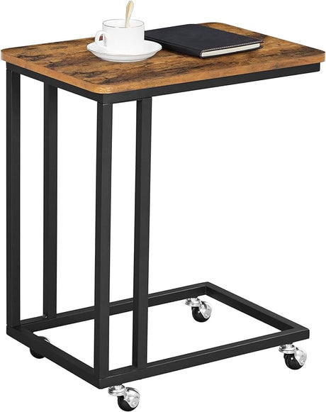 Table, C Shaped TV Tray with Metal Frame Rolling Casters, Industrial Side Table