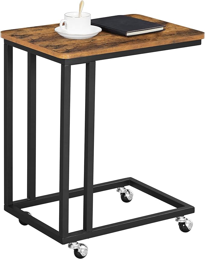 End Table, C Shaped TV Tray with Metal Frame Rolling Casters, Industrial Side Table for Living Room