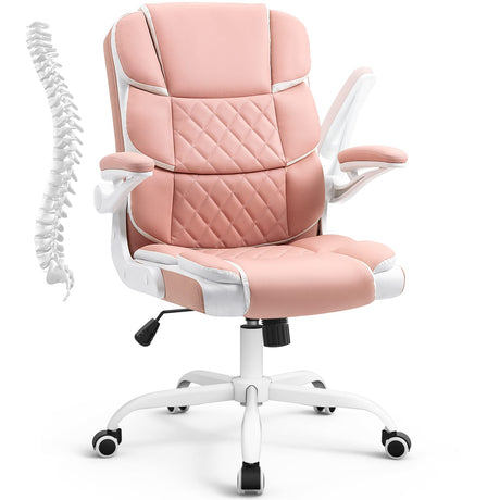 Ergonomic Office Chair Pink PU Leather Desk Chairs Computer Chair with Wheels