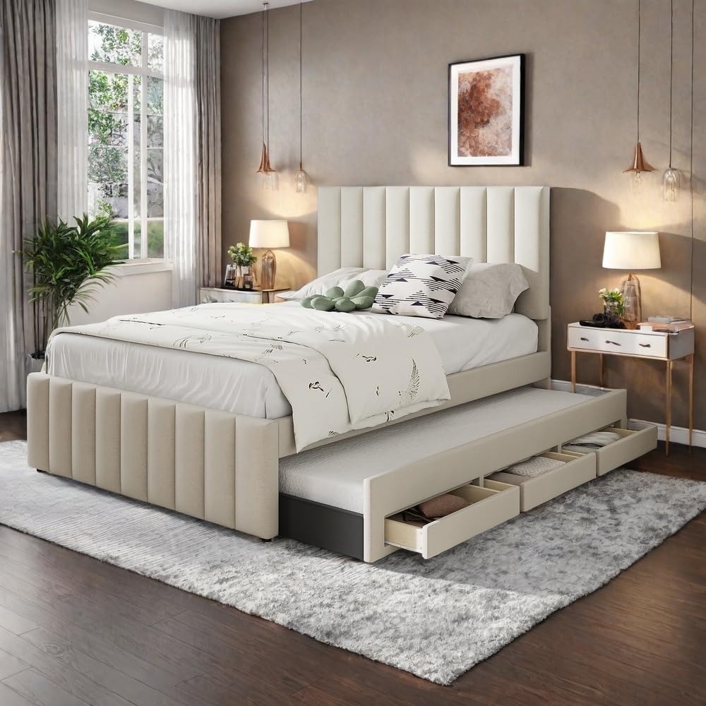 Bed Frame Full Size Linen Fabric Platform Bed Frame with Trundle and 3 Drawers, No