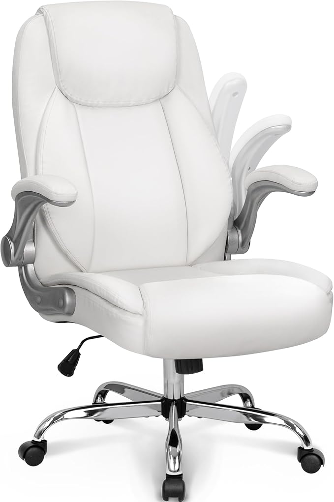 Ergonomic Office Chair PU Leather Executive Chair Padded Flip Up Armrest Computer Chair Adjustable Height High Back Lumbar Support Wheels Swivel
