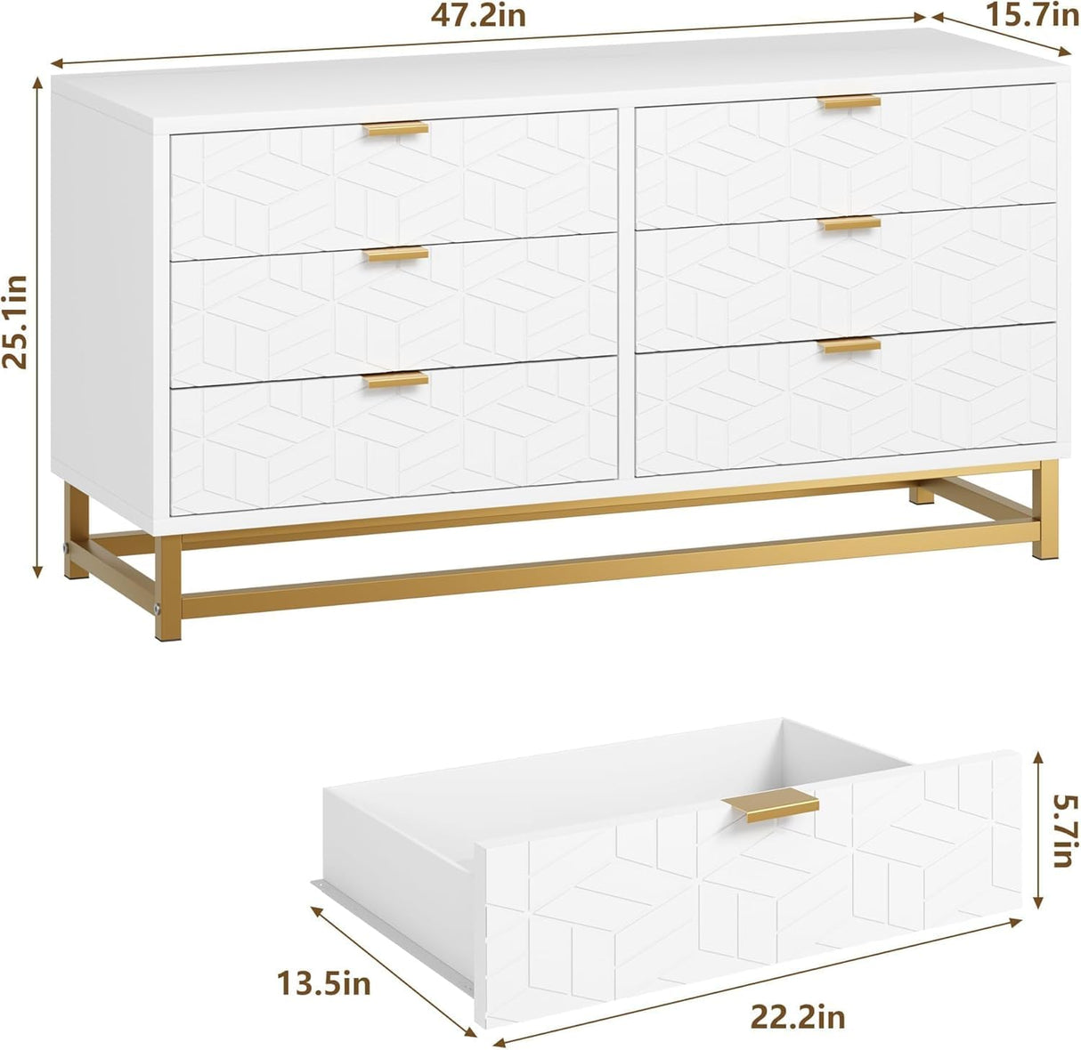 White 6 Drawer Dresser for Bedroom, Chest of Drawers with Metal Base, Modern Dresser