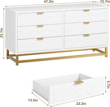 White 6 Drawer Dresser for Bedroom, Chest of Drawers with Metal Base, Modern Dresser